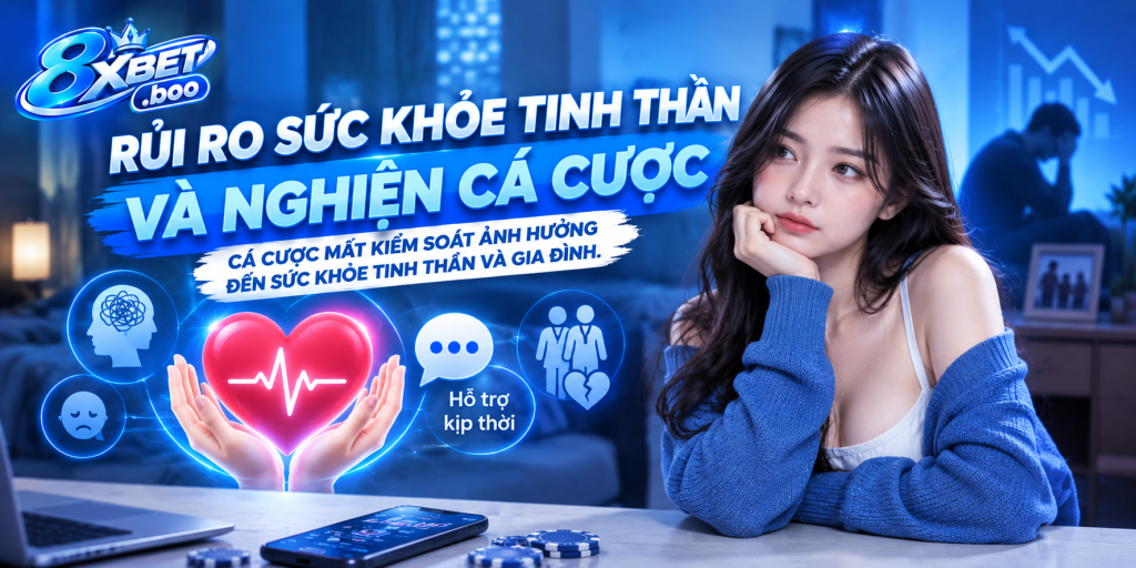 Minh họa trái tim được nâng đỡ và bong bóng trò chuyện hỗ trợ với tiêu đề “Rủi ro sức khỏe tinh thần và nghiện cá cược”