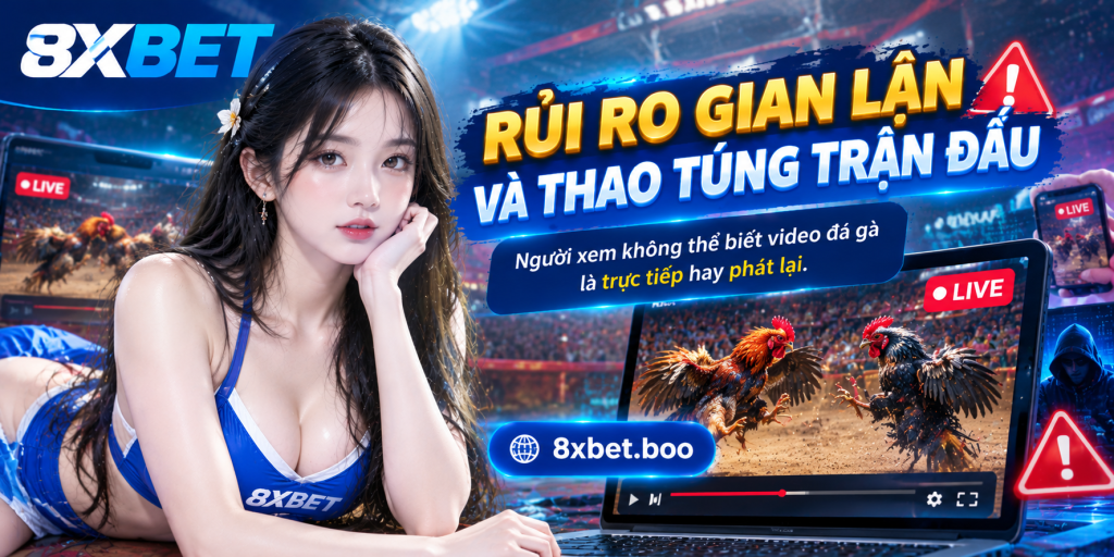 Minh họa màn hình phát sóng đá gà với nhãn LIVE, thanh điều khiển video và cảnh báo rủi ro gian lận, thao túng trận đấu