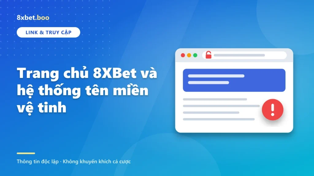 Minh họa cửa sổ trình duyệt với biểu tượng cảnh báo khi truy cập 8xbet trang chủ
