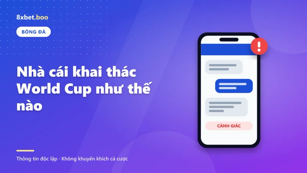 Minh họa tin nhắn mời chào trên điện thoại kèm nhãn cảnh giác với tiêu đề “Nhà cái khai thác World Cup như thế nào