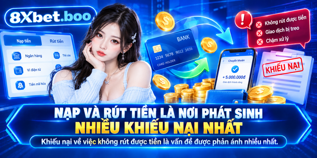 Minh họa thẻ ngân hàng, đồng xu và mũi tên chuyển tiền với tiêu đề “Nạp và rút tiền là nơi phát sinh nhiều khiếu nại nhất