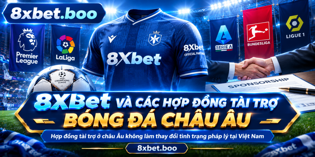 'Minh họa áo đấu bóng đá dưới ánh đèn sân vận động với tiêu đề “8XBet và các hợp đồng tài trợ bóng đá châu Âu