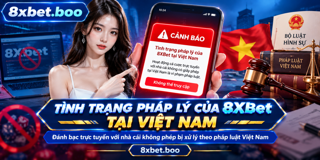 'Minh họa điện thoại hiển thị hộp thoại cảnh báo màu đỏ với tiêu đề “Tình trạng pháp lý của 8XBet tại Việt Nam