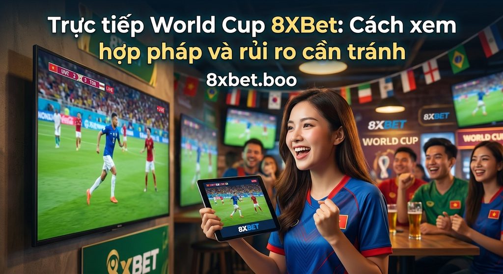 Minh họa màn hình phát sóng trận bóng đá với nhãn LIVE với tiêu đề “Trực tiếp World Cup trên trang nhà cái có gì khác