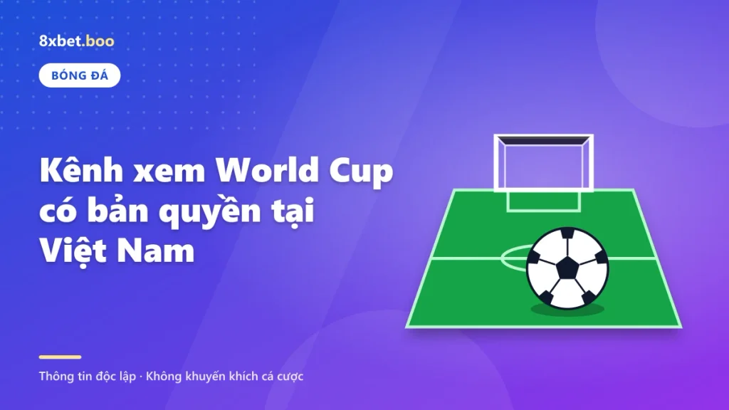 Minh họa quả bóng đá trên mặt sân cỏ trước khung thành với tiêu đề “Kênh xem World Cup có bản quyền tại Việt Nam
