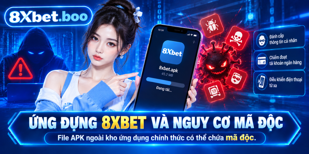 Minh họa điện thoại đang tải tệp ứng dụng kèm biểu tượng mã độc với tiêu đề “Ứng dụng 8XBet và nguy cơ mã độc